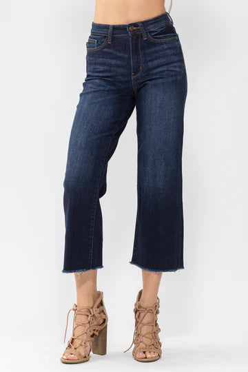 Judy Blue Dark Denim Cropped Wide Leg Raw Hem