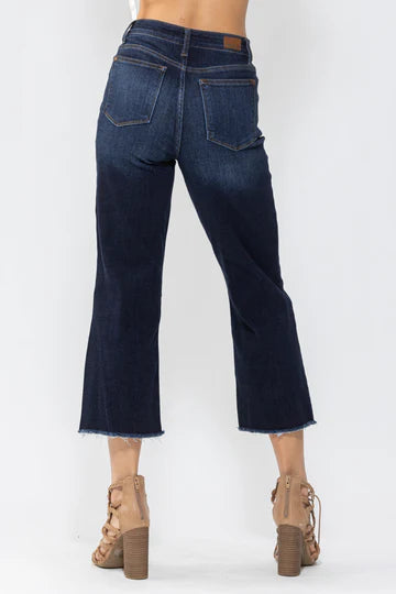 Judy Blue Dark Denim Cropped Wide Leg Raw Hem