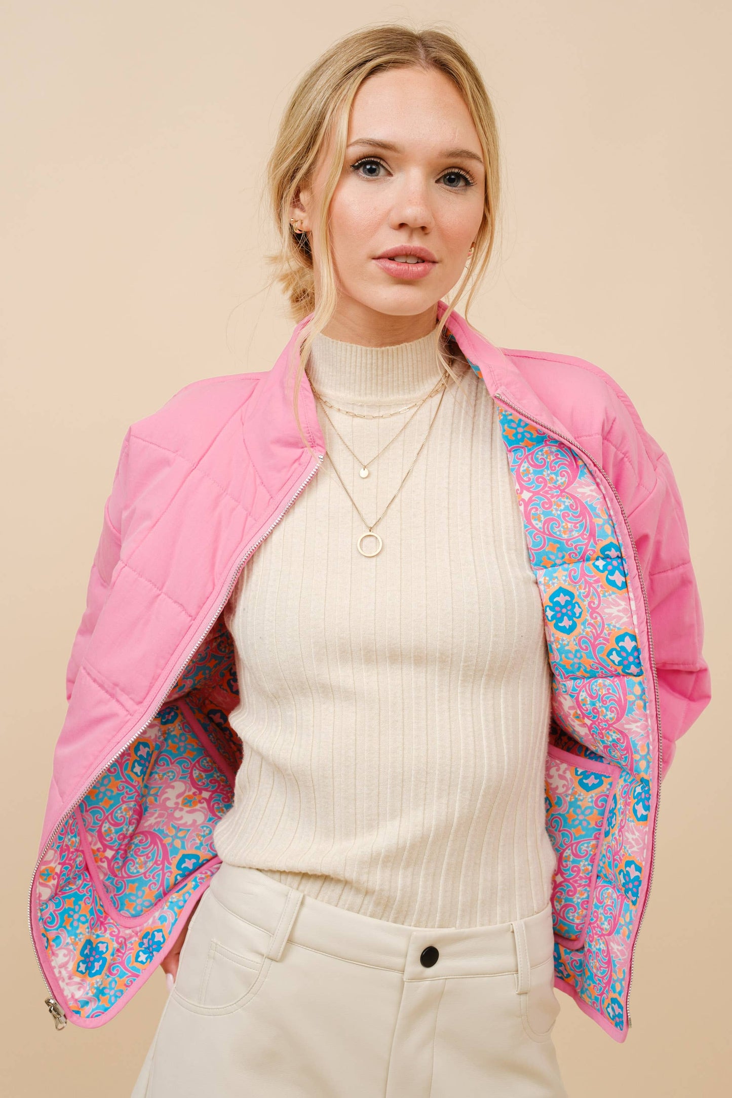 Pink Blue Challis Floral Reversible Quilted Jacket