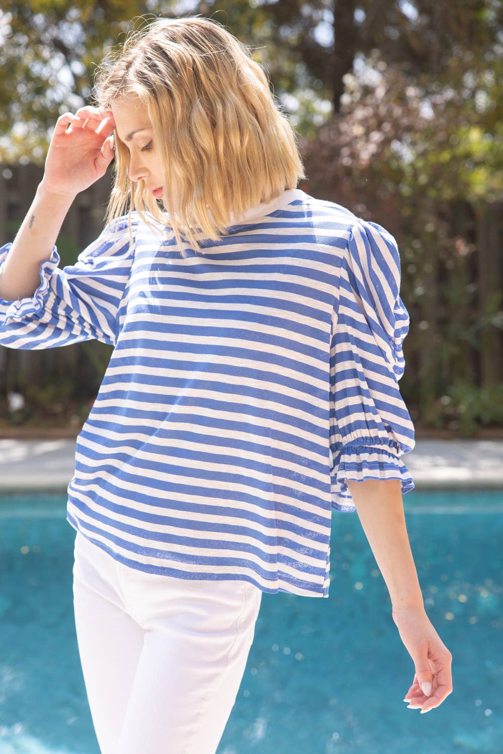 Blue Ruched Puff Sleeves Striped Top