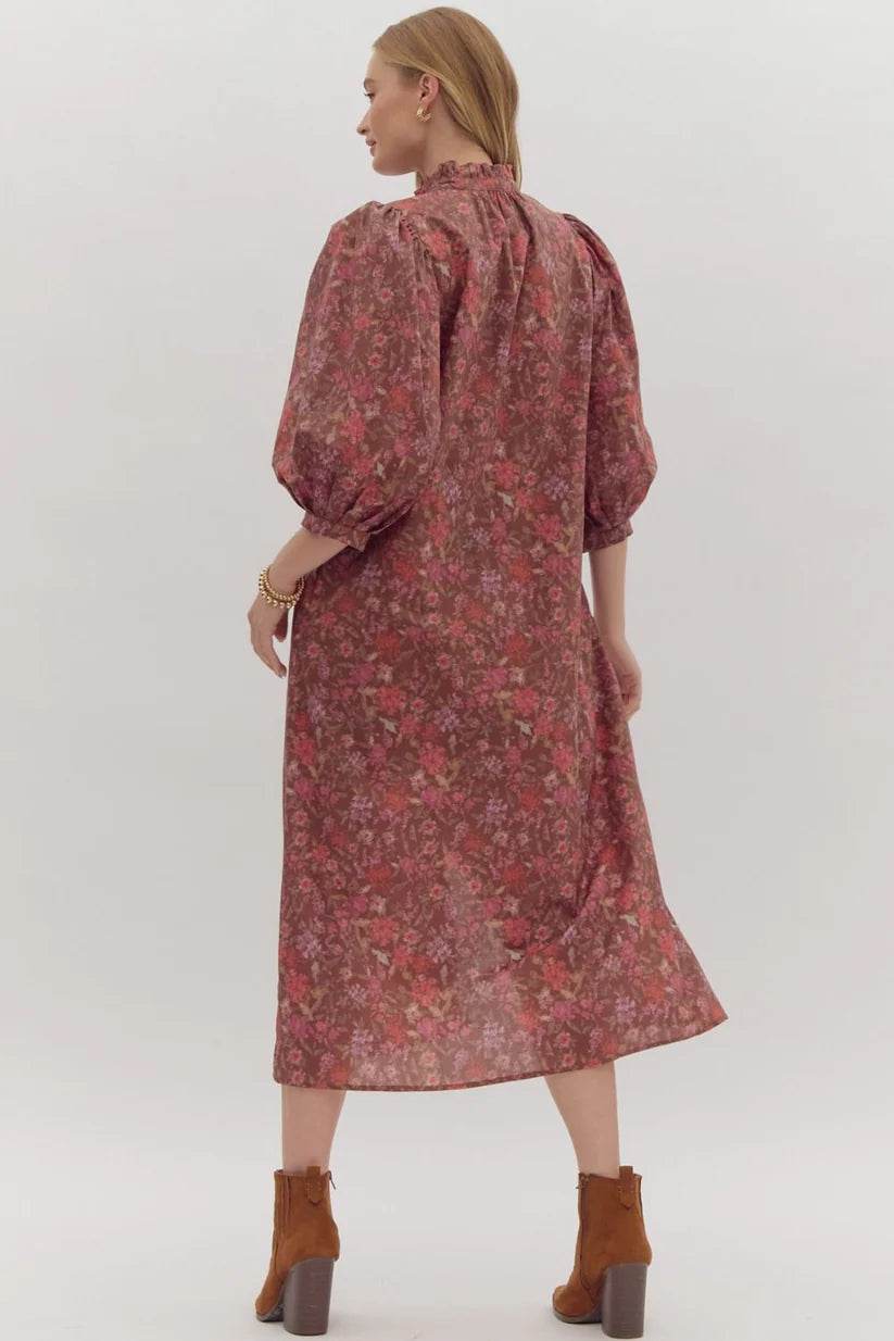 Brown Floral Shirt Midi Dress