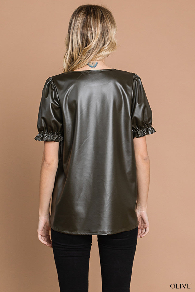 Olive Vegan Faux Leather Top