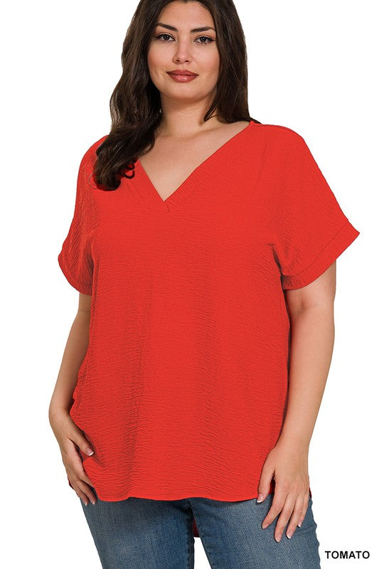 Tomato Red Airflow V-Neck Hi-Low Hem Top