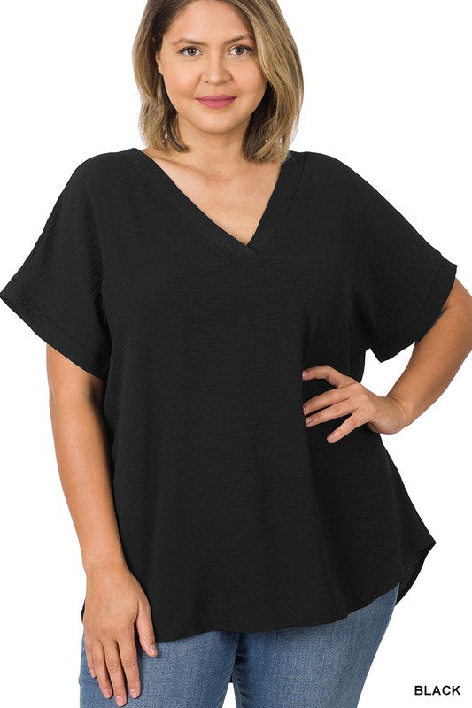 Black Airflow V-Neck Hi-Low Hem Top