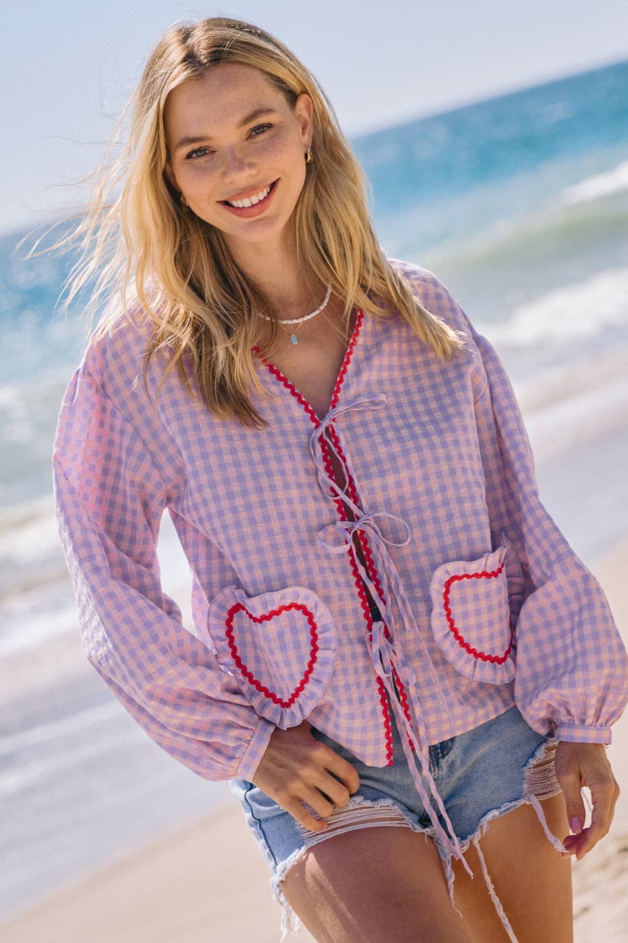 Lavender Gingham Front Tie Blouse