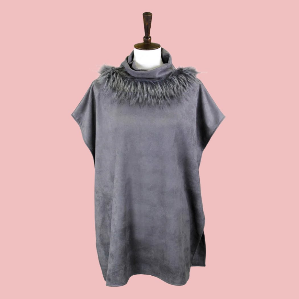 Gray Suede Feel Turtle Neck Poncho with Faux Fur