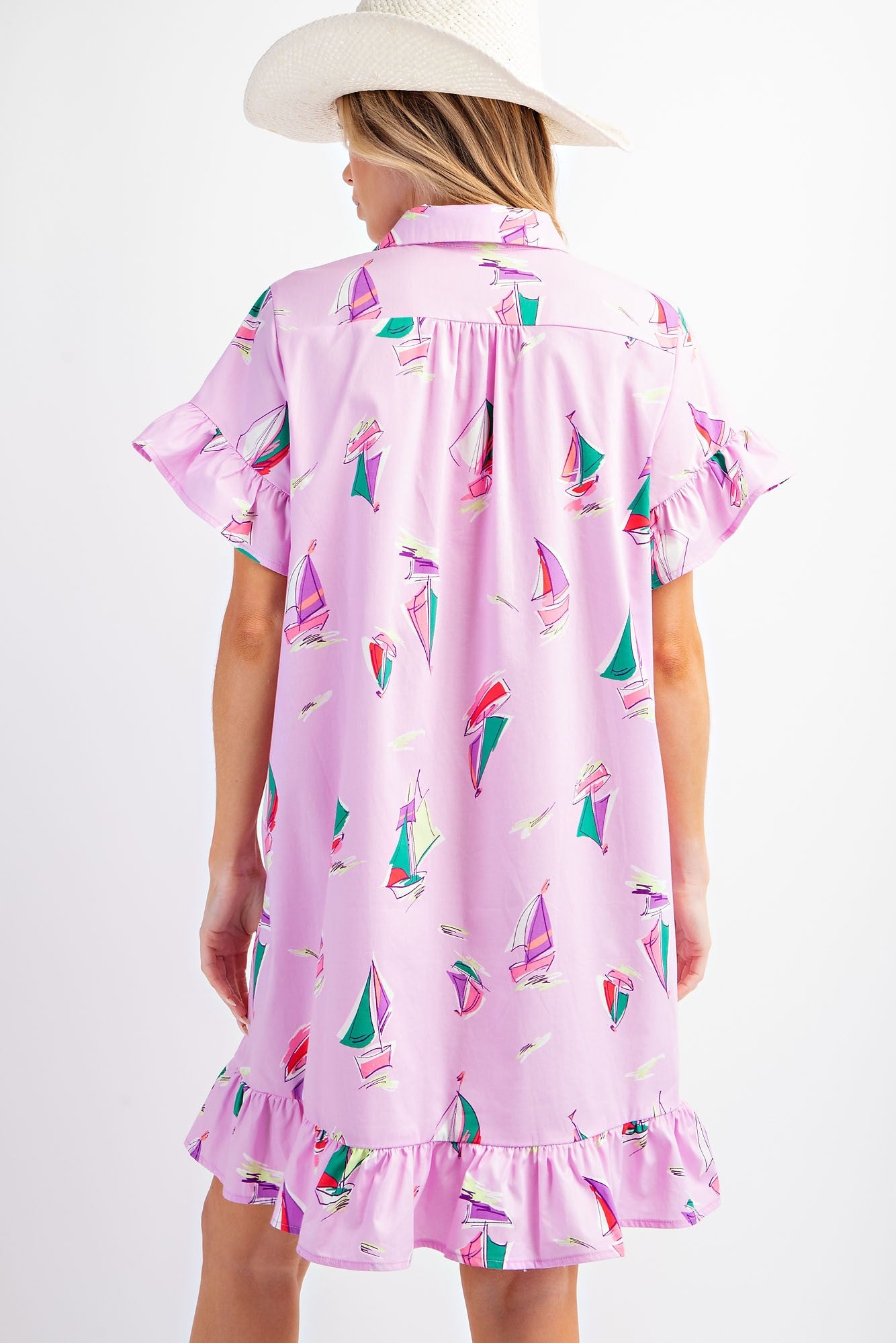 Pink Sailboat Print Ruffel Shirt Dress