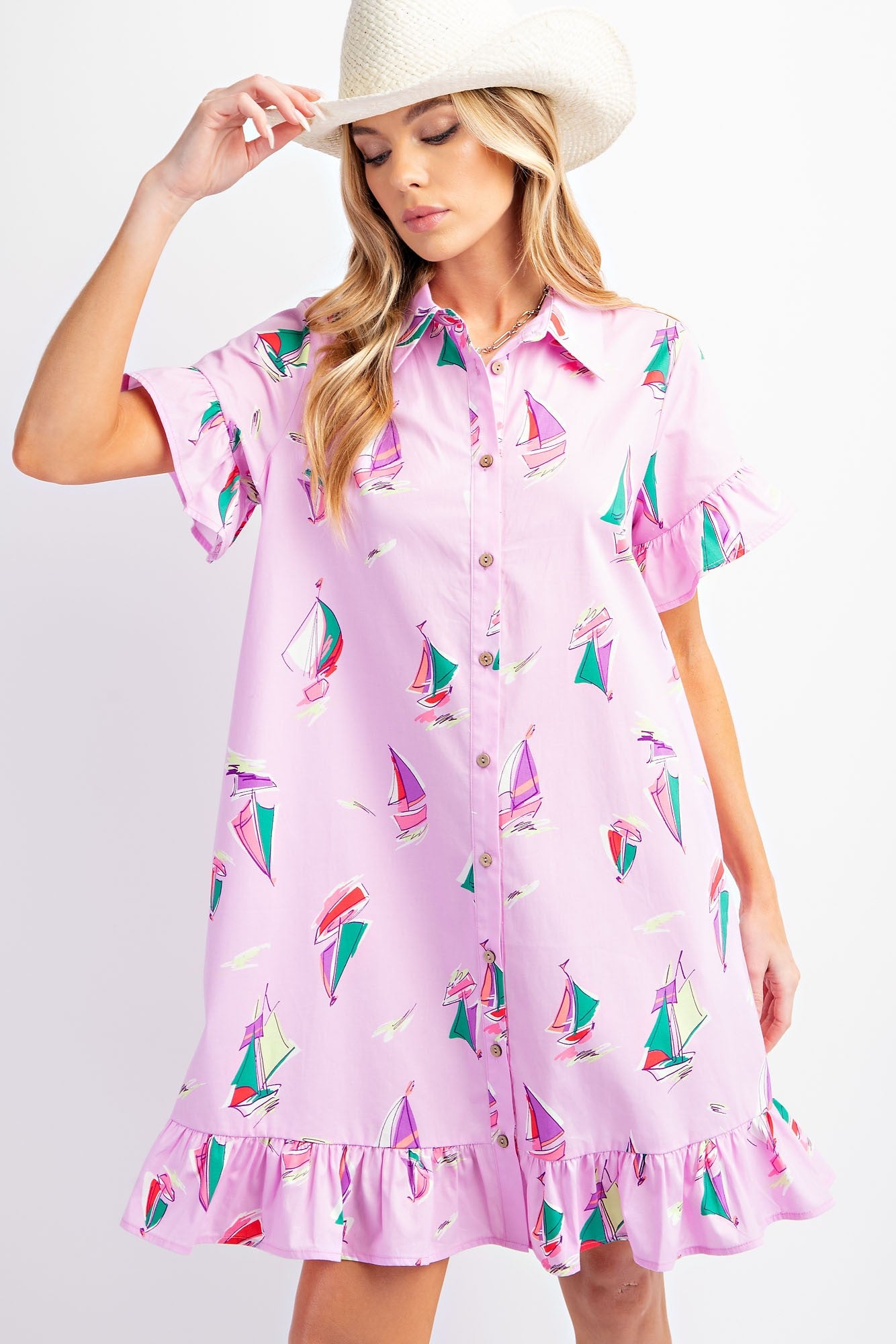 Pink Sailboat Print Ruffel Shirt Dress