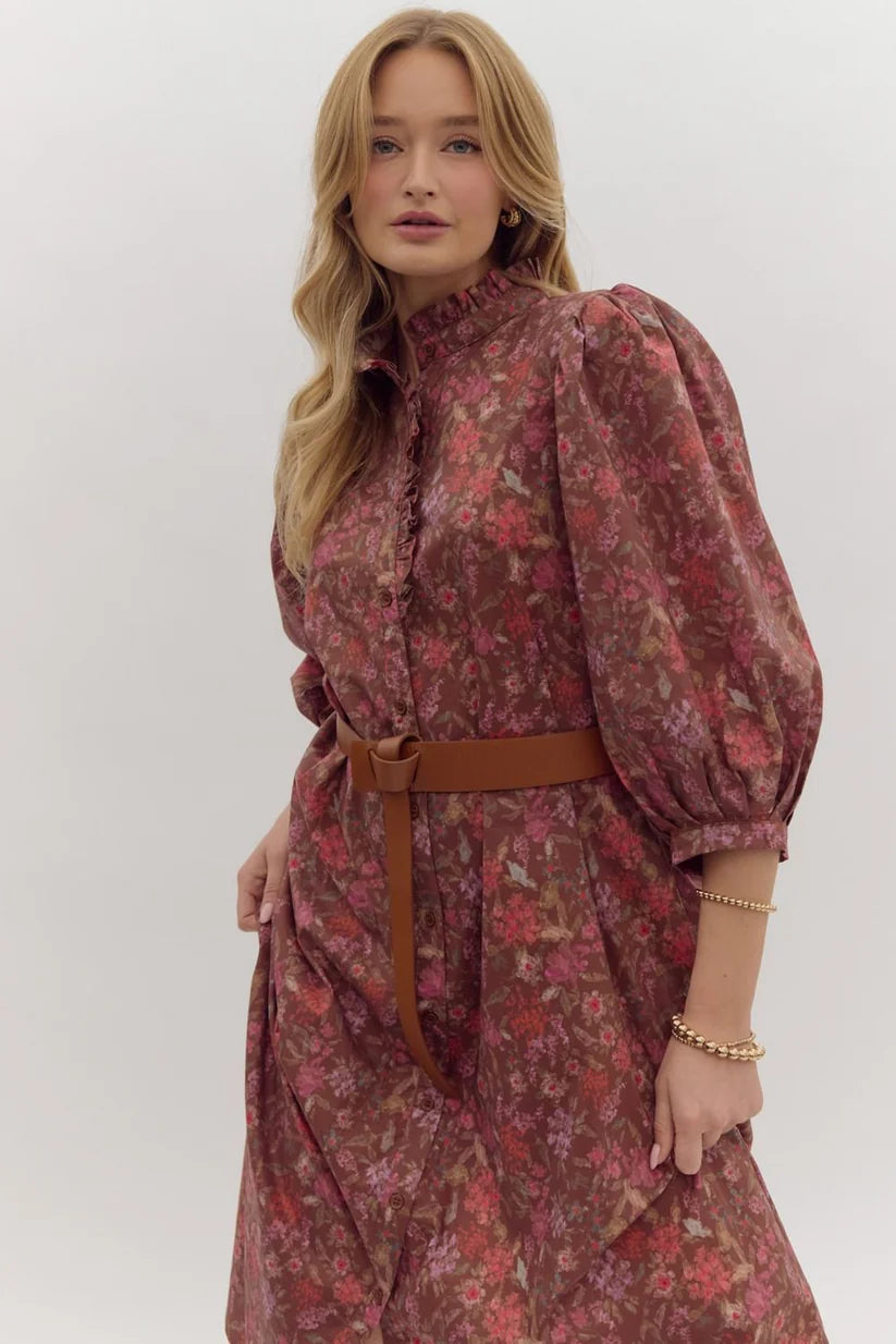 Brown Floral Shirt Midi Dress