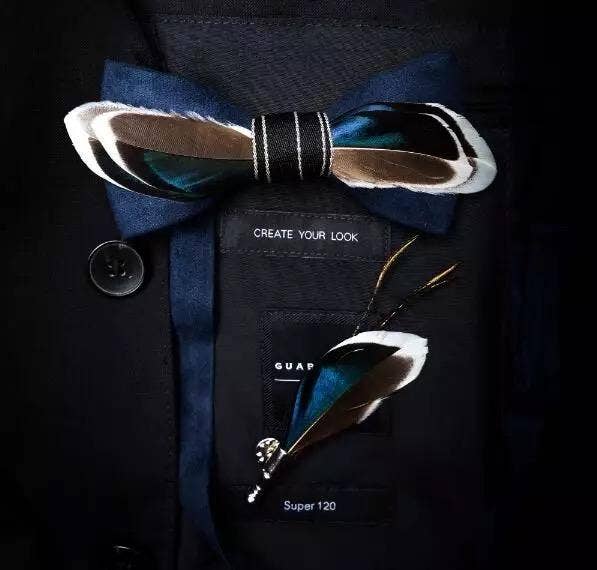 Blue Brown White Feather Bow Tie W/free Lapel Pin Set