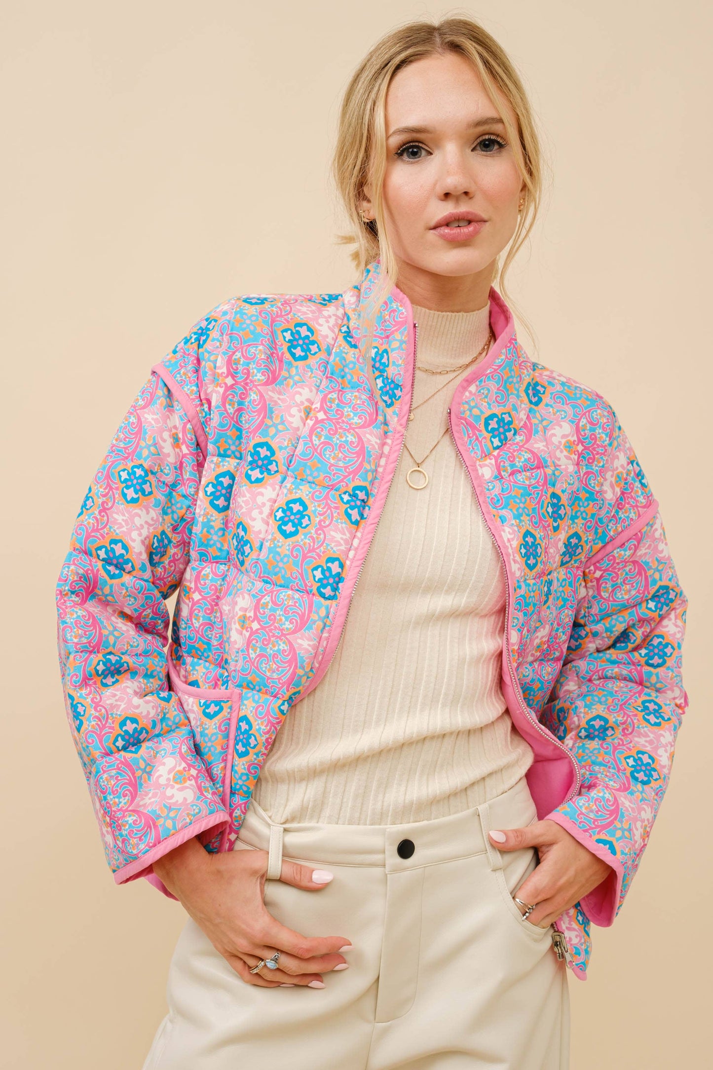 Pink Blue Challis Floral Reversible Quilted Jacket