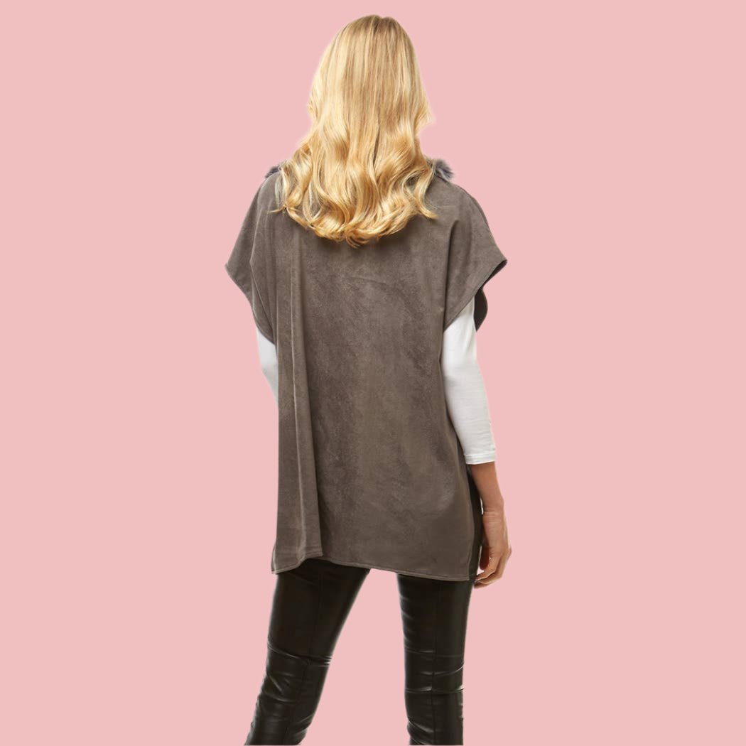 Gray Suede Feel Turtle Neck Poncho with Faux Fur