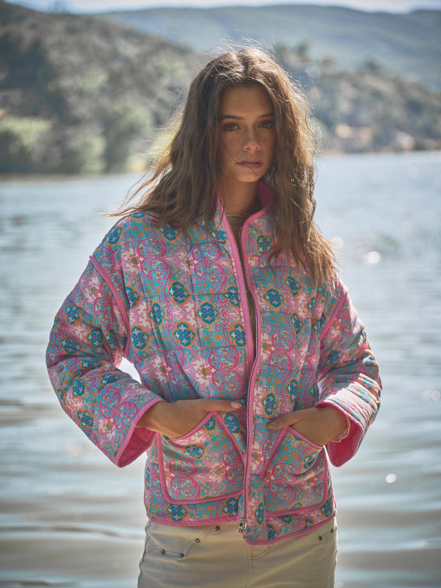 Pink Blue Challis Floral Reversible Quilted Jacket