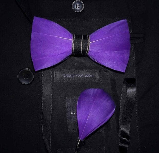 Purple Feather Bow Tie W/free Lapel Pin Set