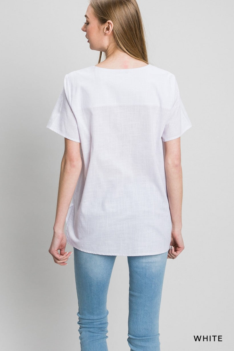 White Washed Cotton Linen V-Neck Top