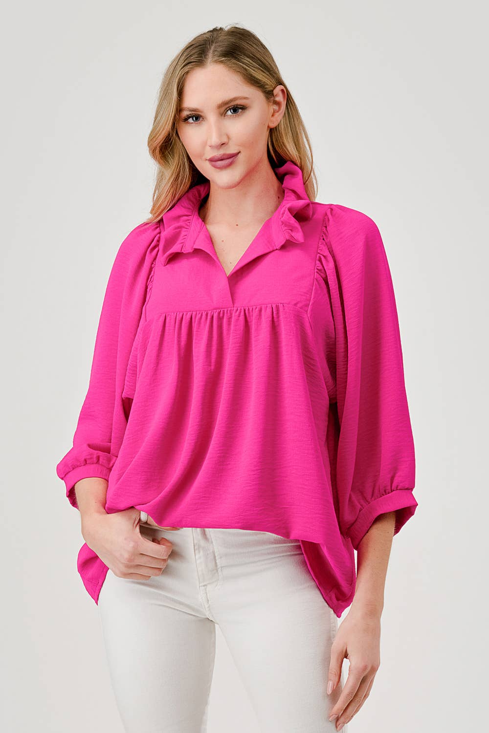 Pink Mandy Elbow Sleeve Cuffed Top with Ruffle Collar