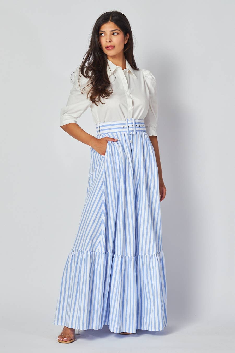 Blue & White Contrast Button-Down Maxi Dress