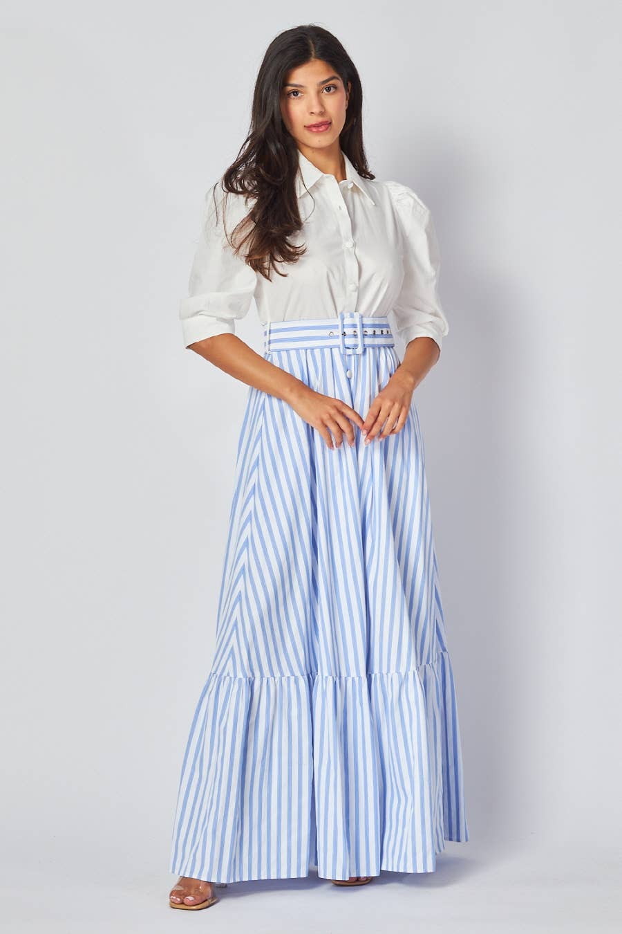 Blue & White Contrast Button-Down Maxi Dress