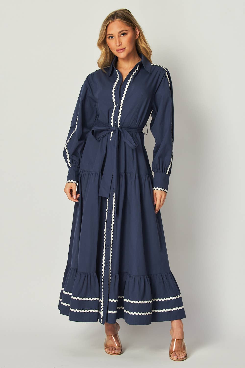 Navy Solid Long Sleeve Button-Down Maxi Dress