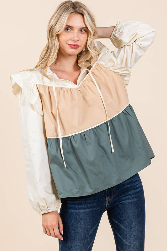 Cream/Taupe/Teal  Poplin Tiered Color Block Top