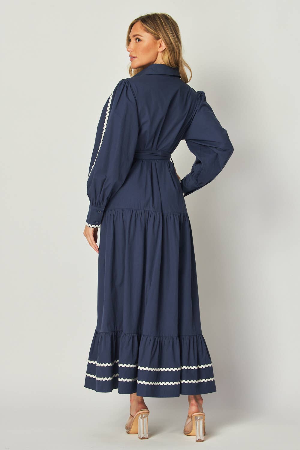 Navy Solid Long Sleeve Button-Down Maxi Dress