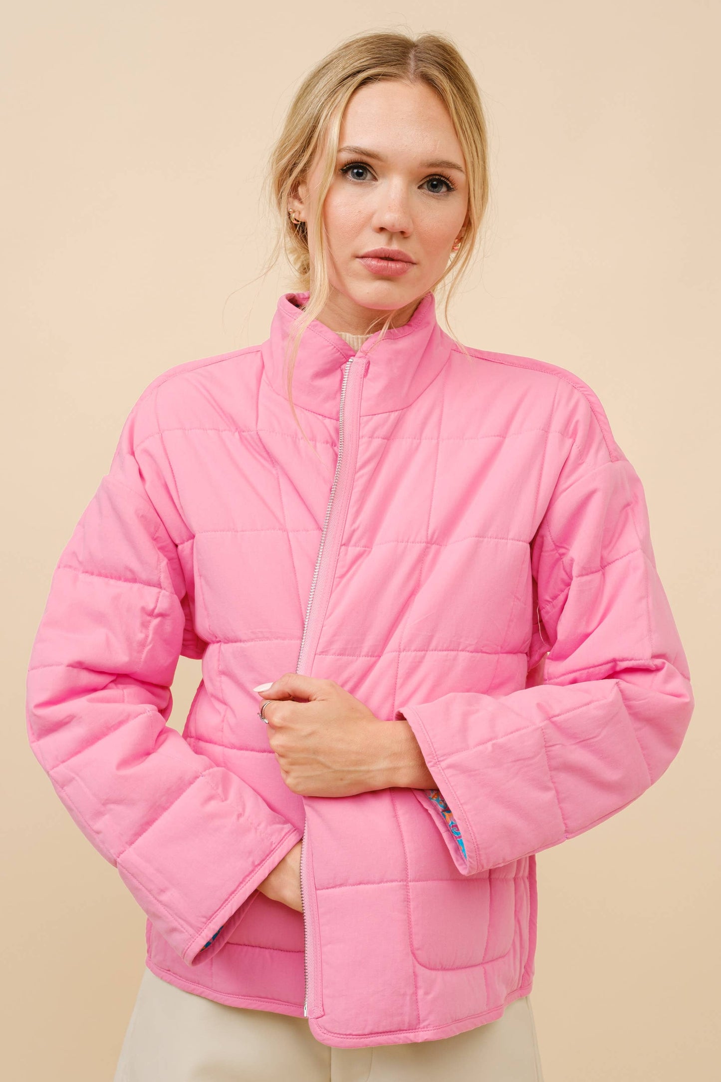 Pink Blue Challis Floral Reversible Quilted Jacket