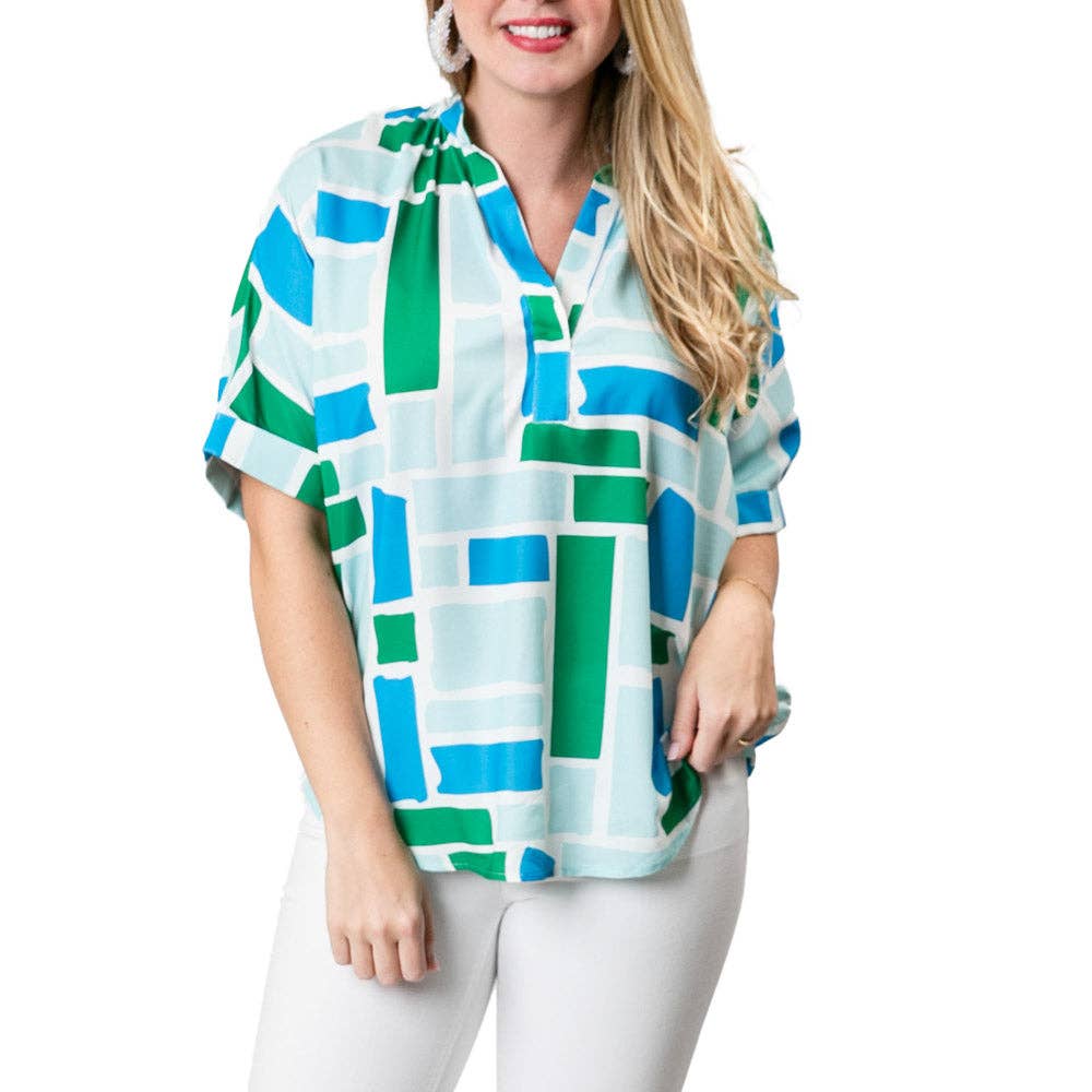 Turquoise, Blue, and Green Blocks Frida Shirt