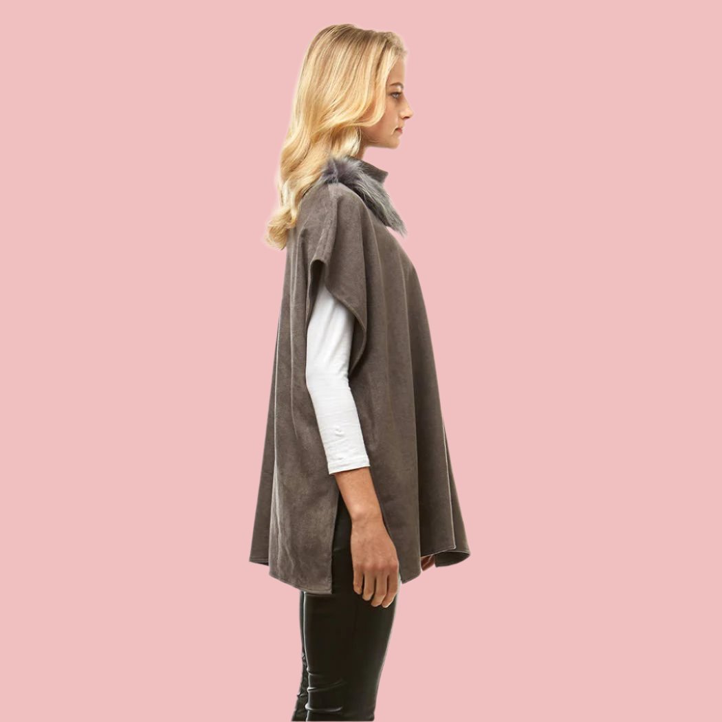 Gray Suede Feel Turtle Neck Poncho with Faux Fur