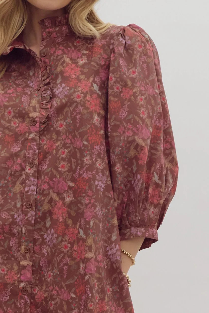 Brown Floral Shirt Midi Dress