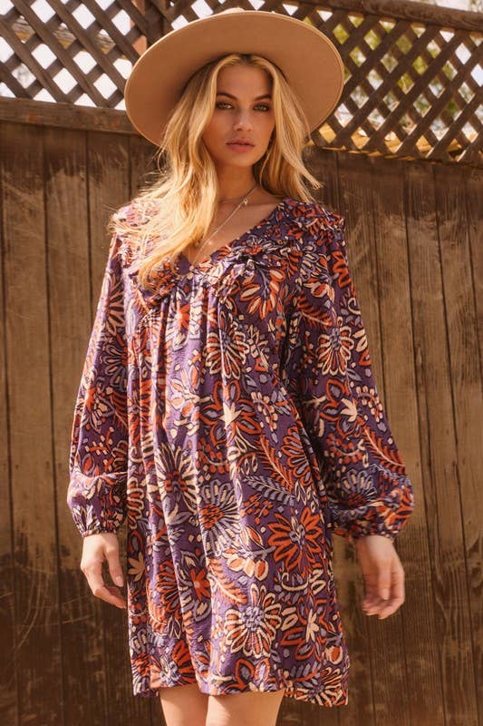 Violet/Orange Ethnic Floral Printed Mini Dress