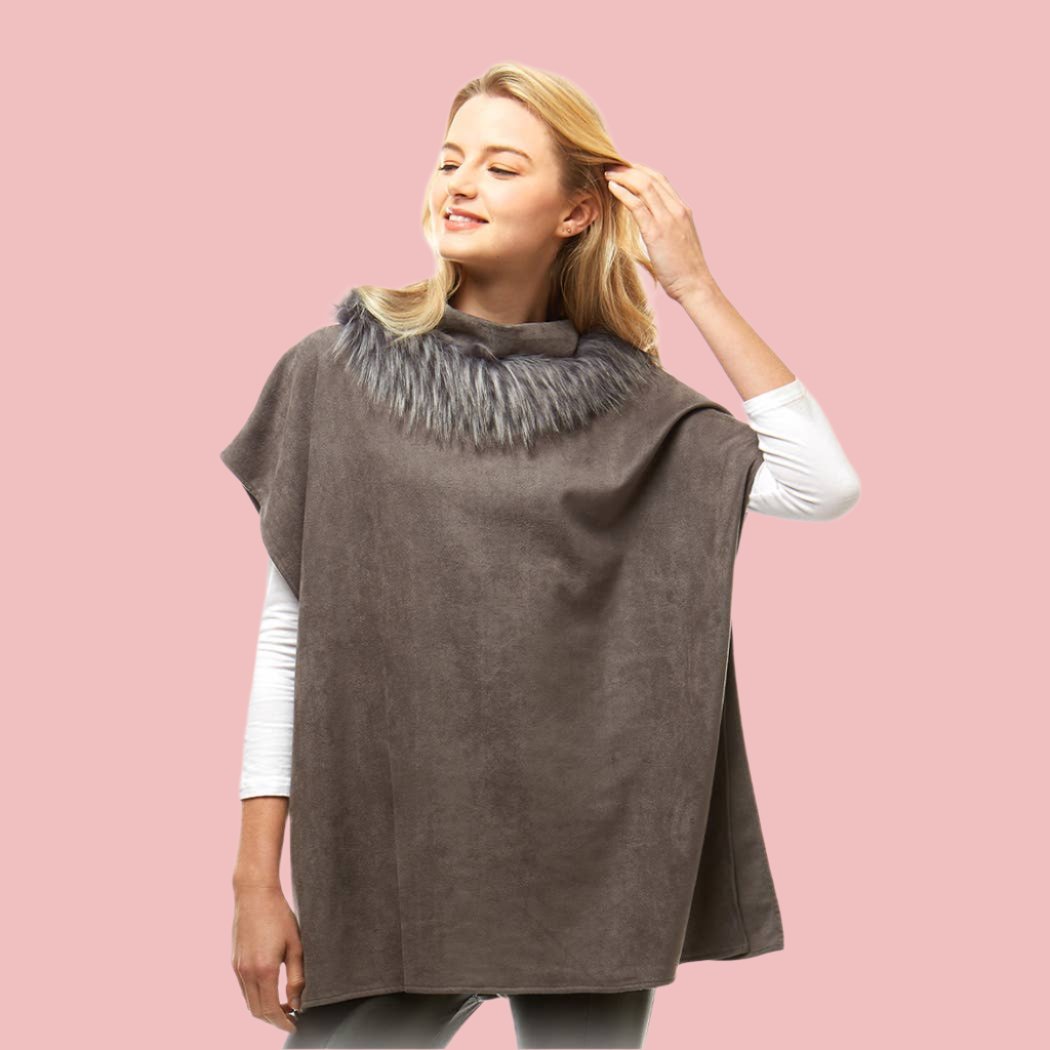 Gray Suede Feel Turtle Neck Poncho with Faux Fur