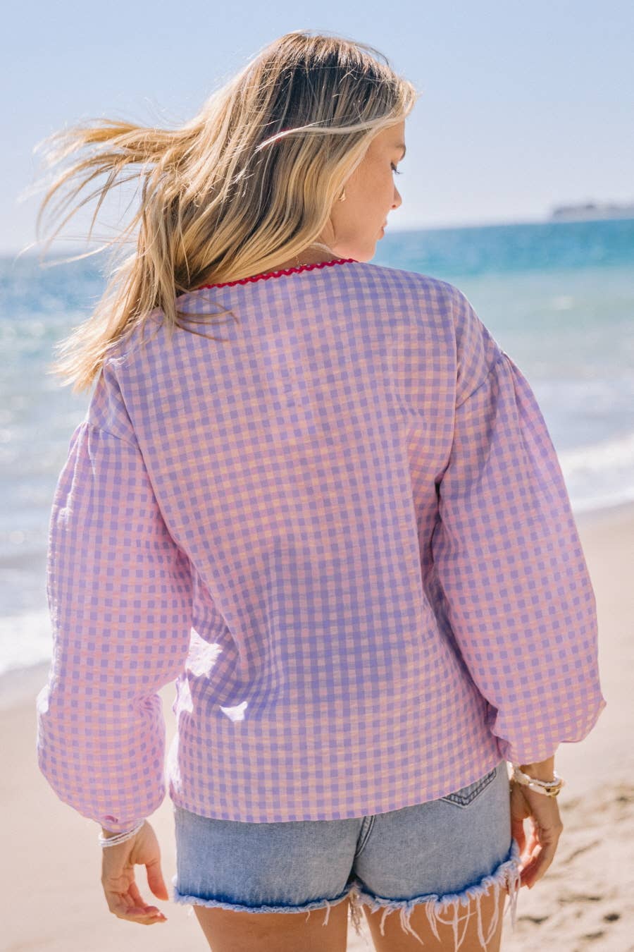 Lavender Gingham Front Tie Blouse