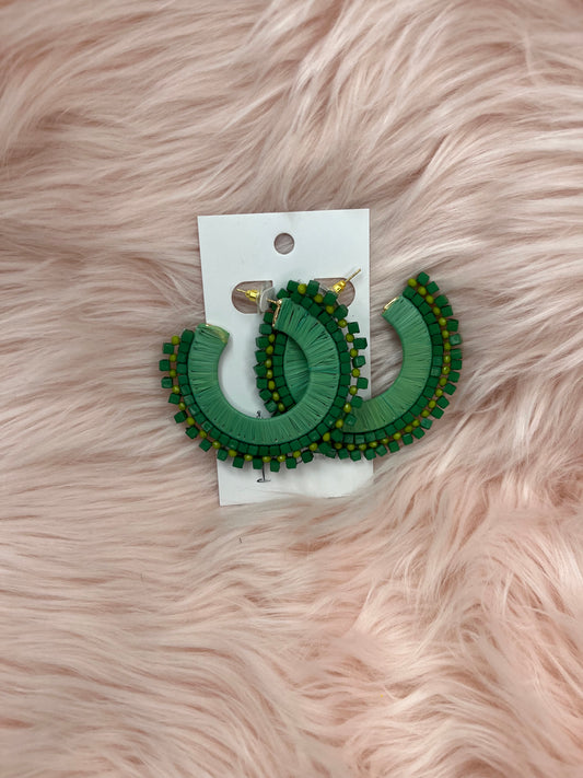 Green Bead & Raffia Hoops