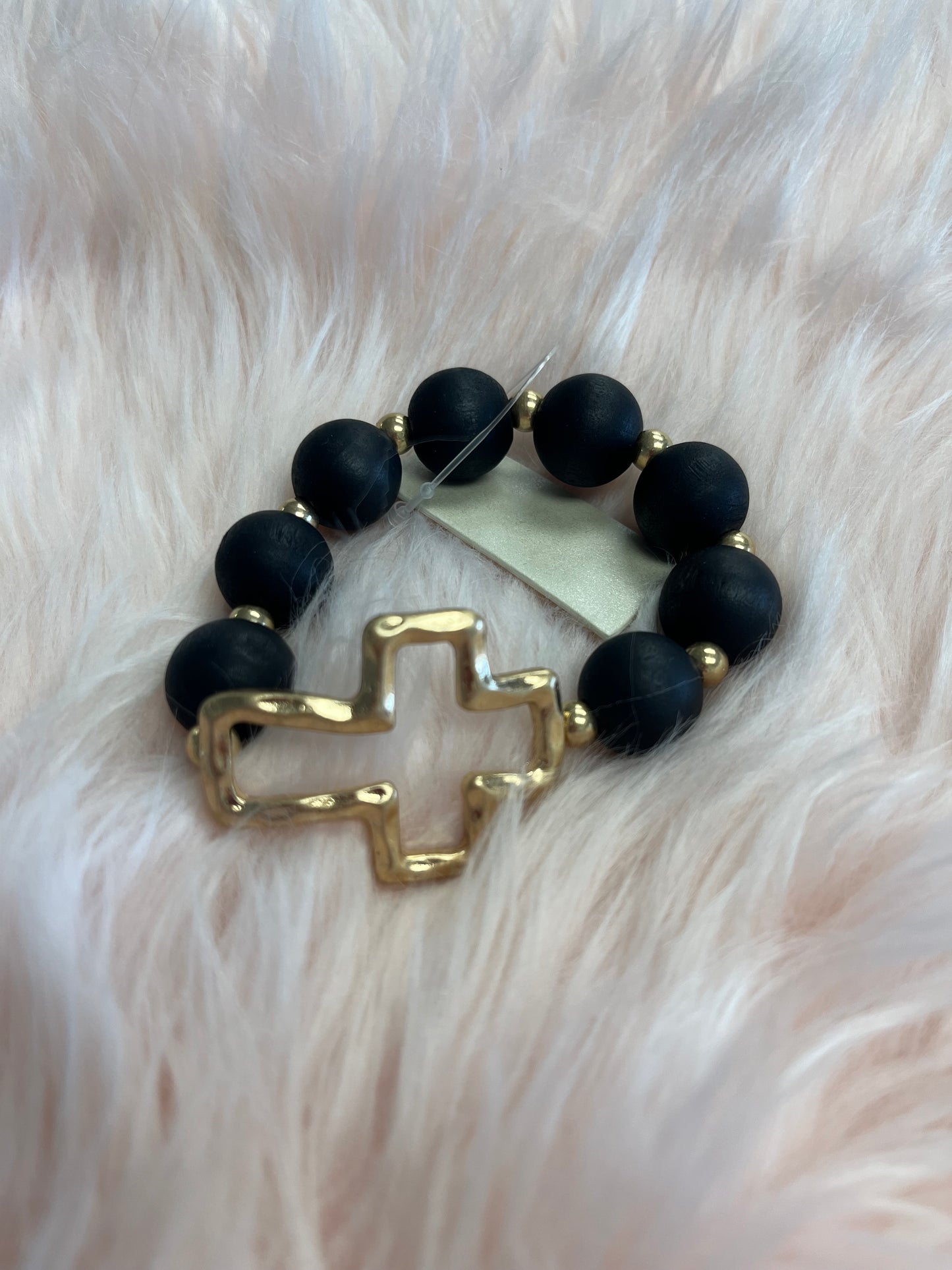 Gold Cross Black Beaded Bracelet