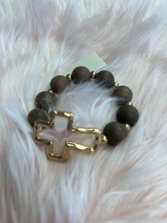 Gold Cross Brown Beaded Bracelet