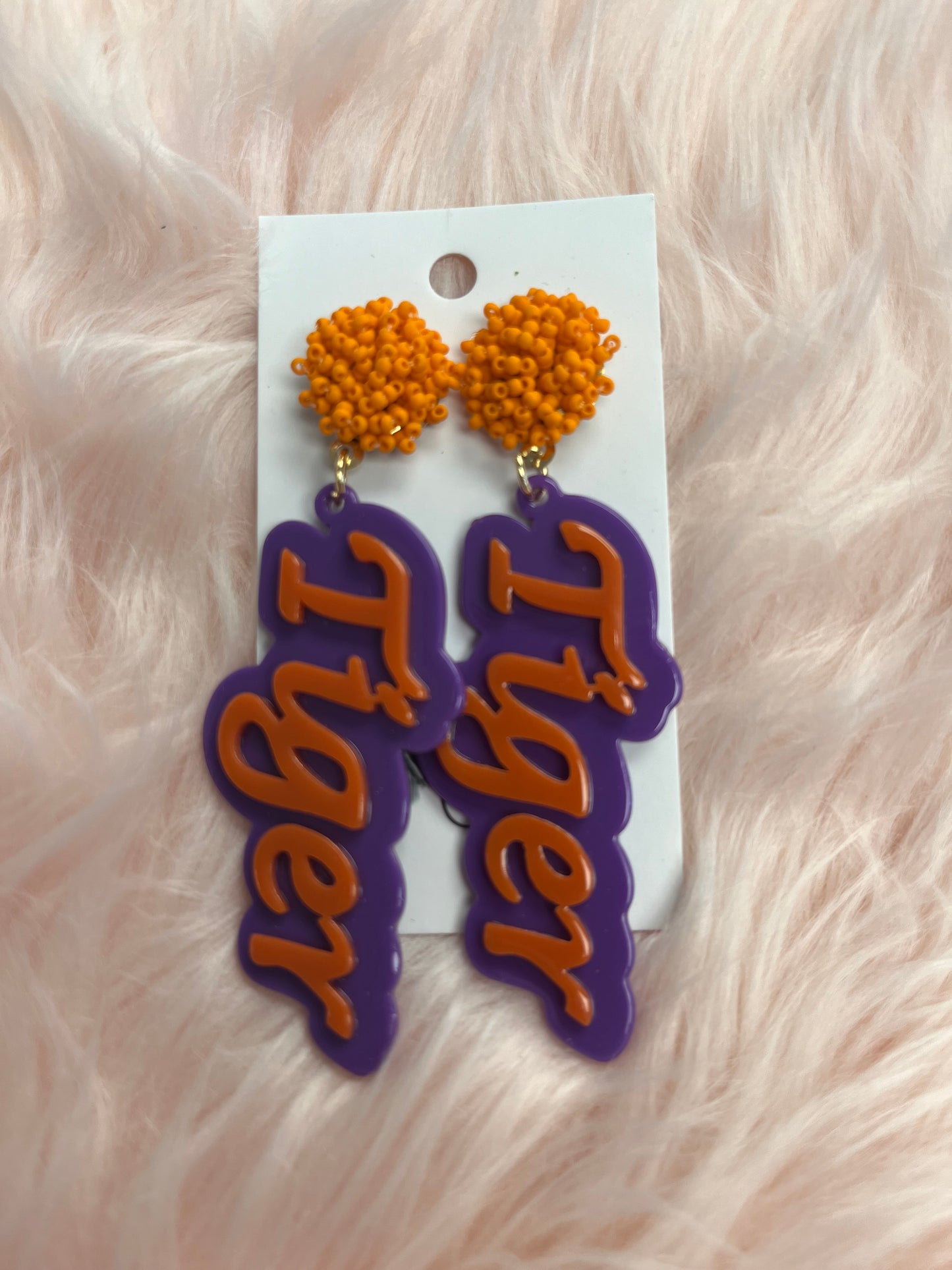 Purple & Orange Tiger Word Dangle Earrings