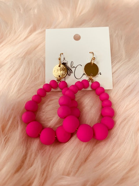 Hot Pink & Gold Beaded Dangle Earrings