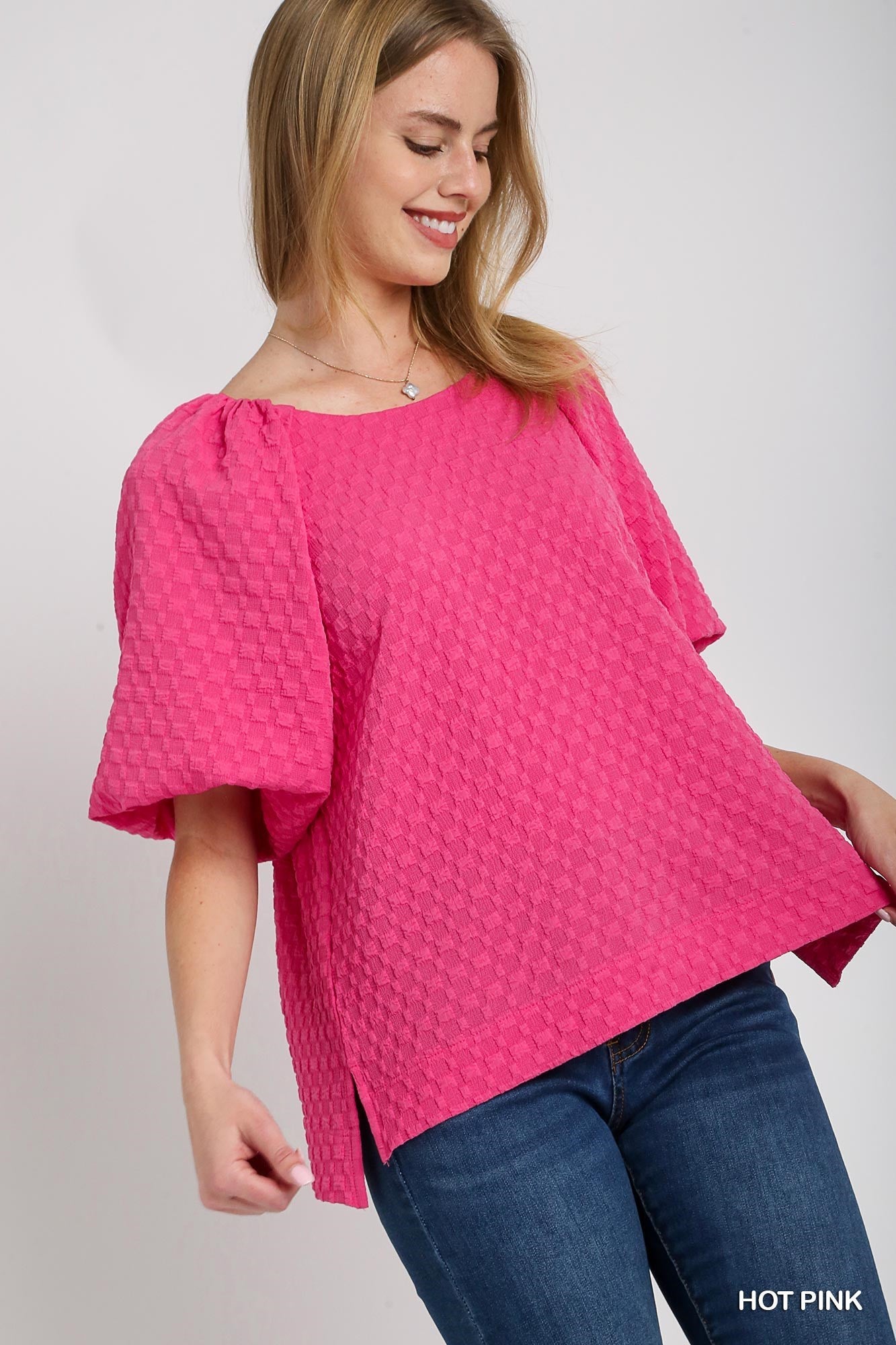 Hot Pink Round Neck Boxy Cut Puff Sleeve Top