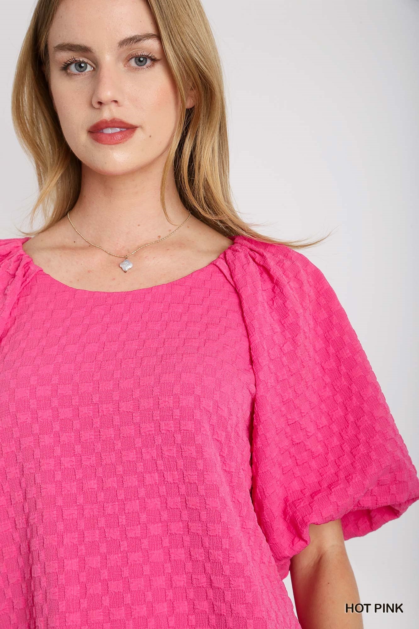 Hot Pink Round Neck Boxy Cut Puff Sleeve Top