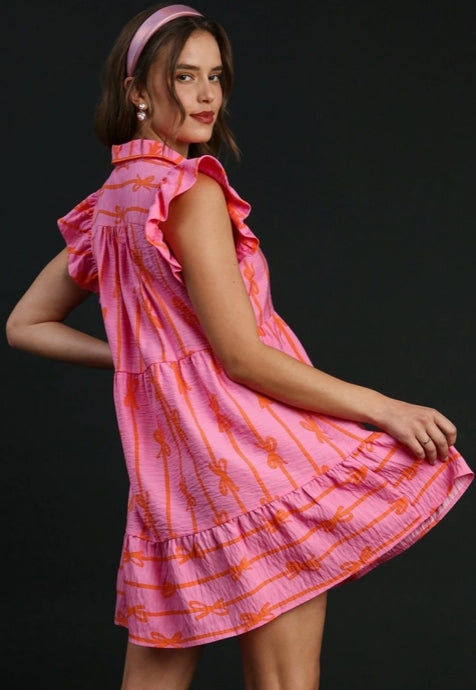 Bubble Pink Ribbon Collared Mini A-Line Dress