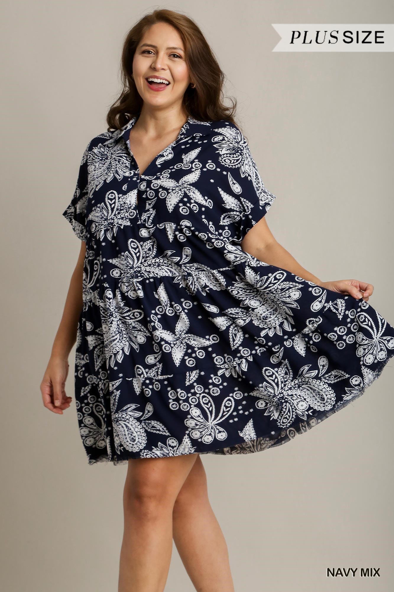 Navy Paisley Print A-Line Tiered Collared Dress
