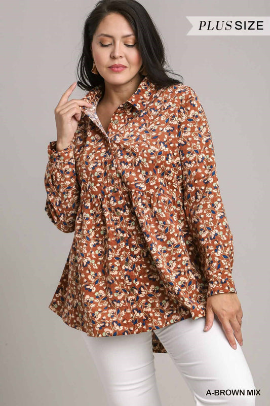 Brown Corduroy Mix Print Top