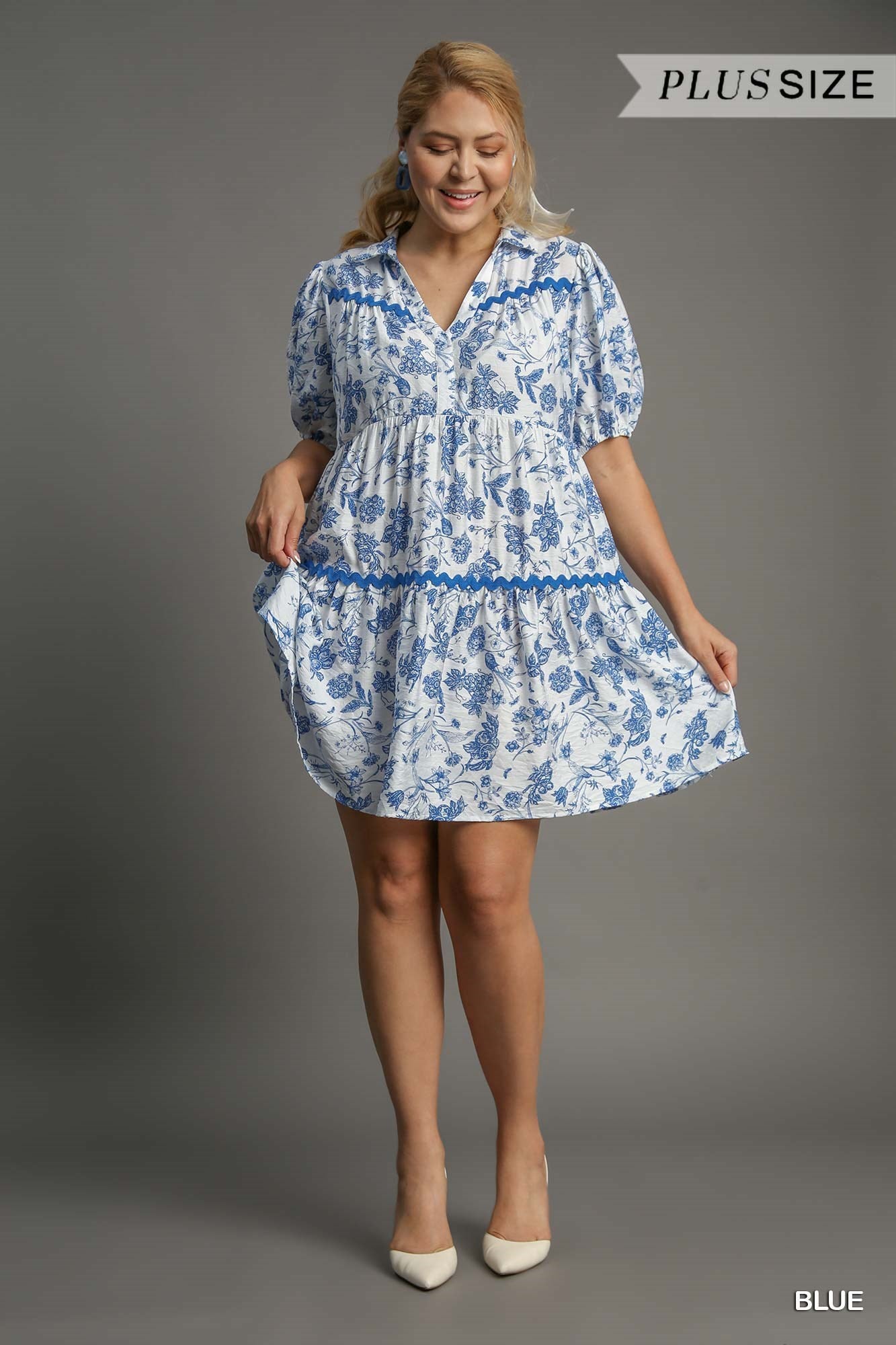 Blue Two-Tone Floral Print Mini Dress