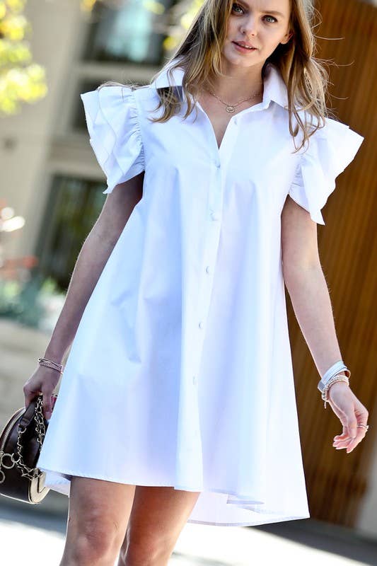 White Ruffle Sleeve Button Down Dress