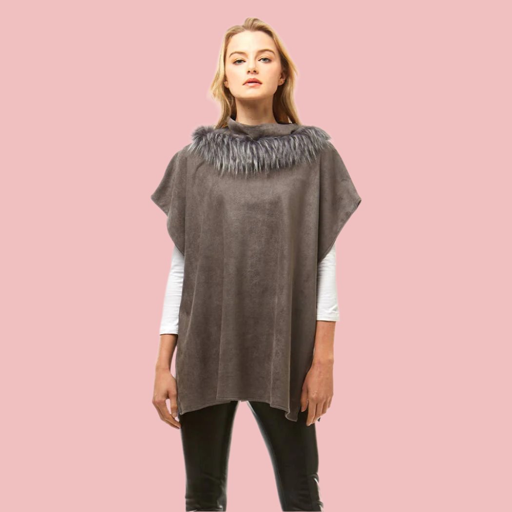 Gray Suede Feel Turtle Neck Poncho with Faux Fur