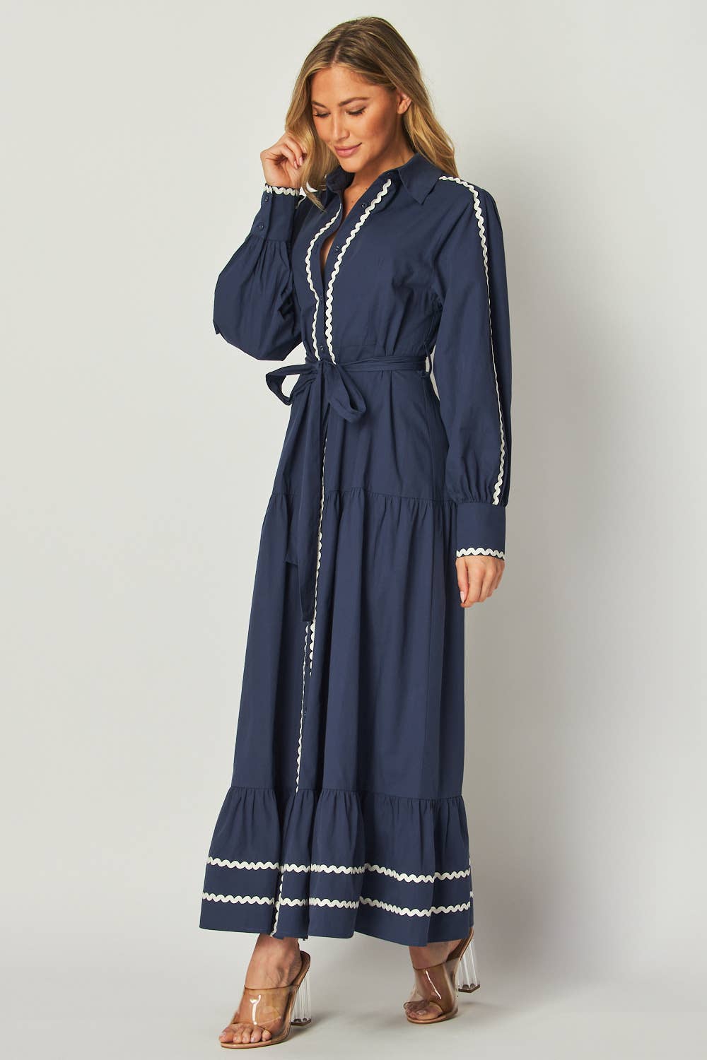 Navy Solid Long Sleeve Button-Down Maxi Dress