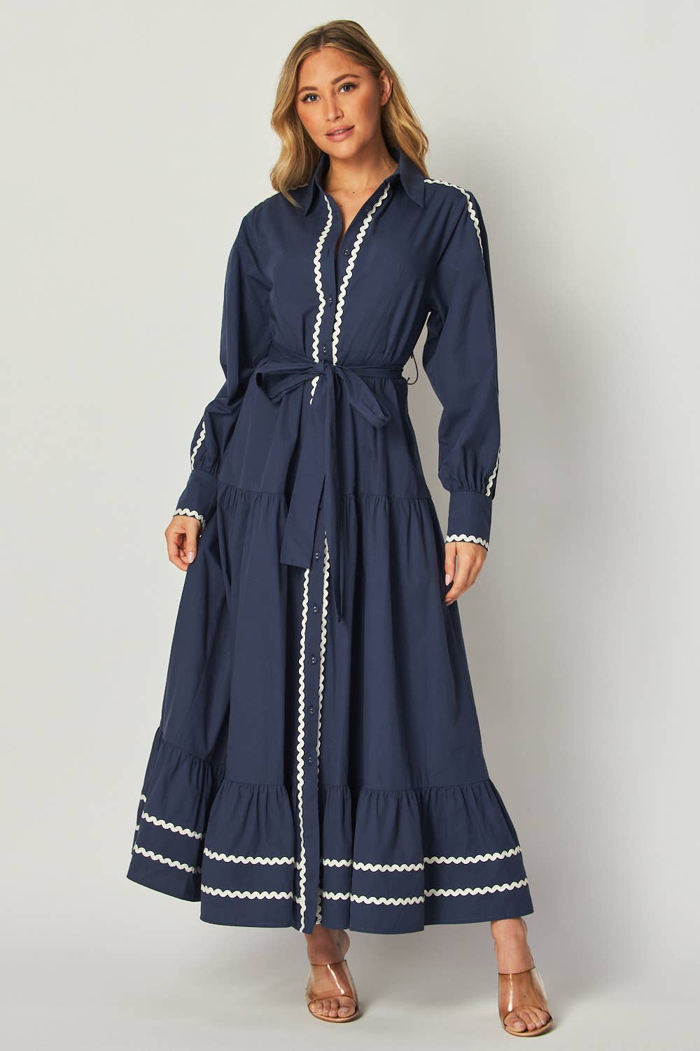 Navy Solid Long Sleeve Button-Down Maxi Dress