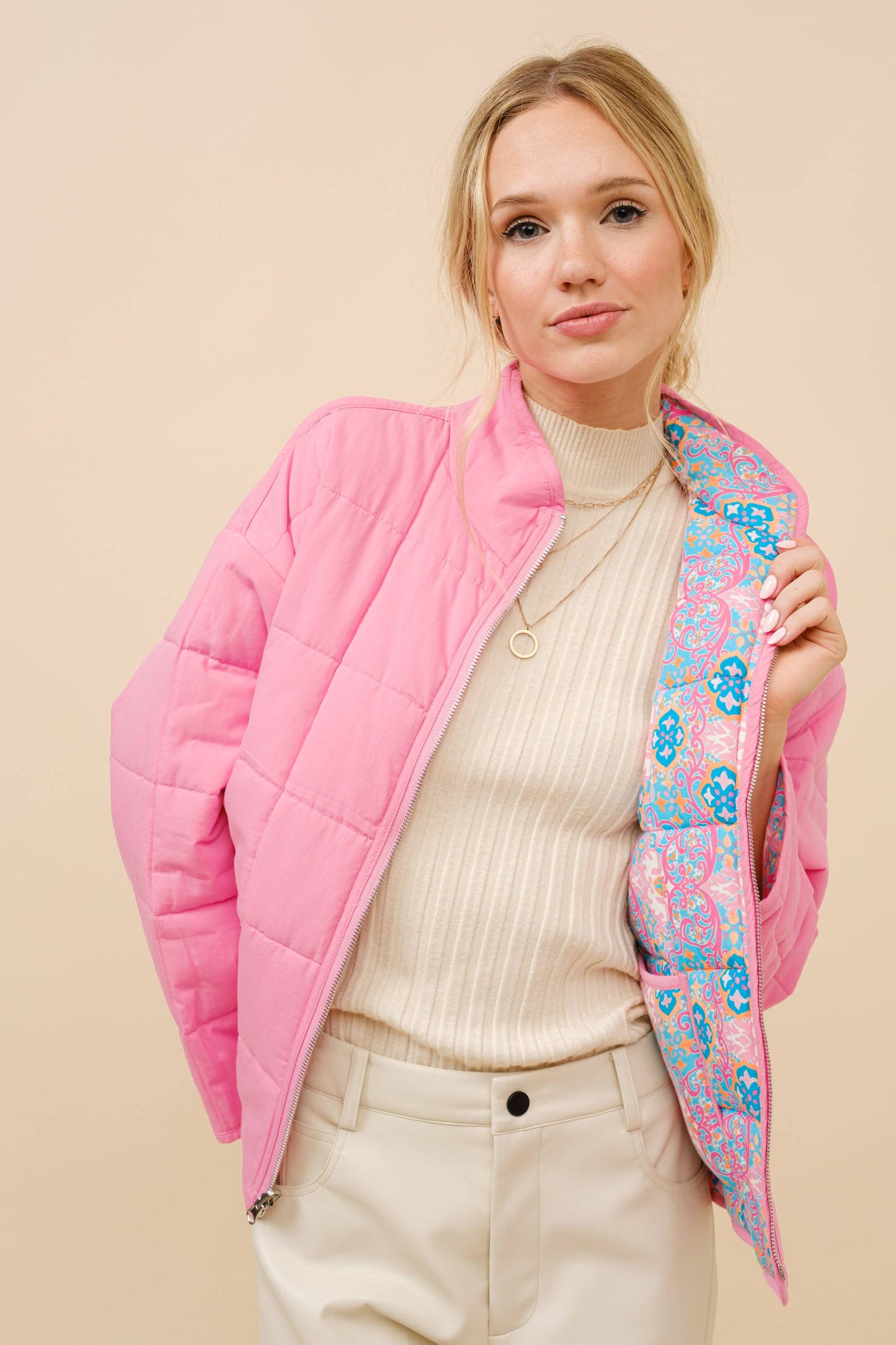 Pink Blue Challis Floral Reversible Quilted Jacket