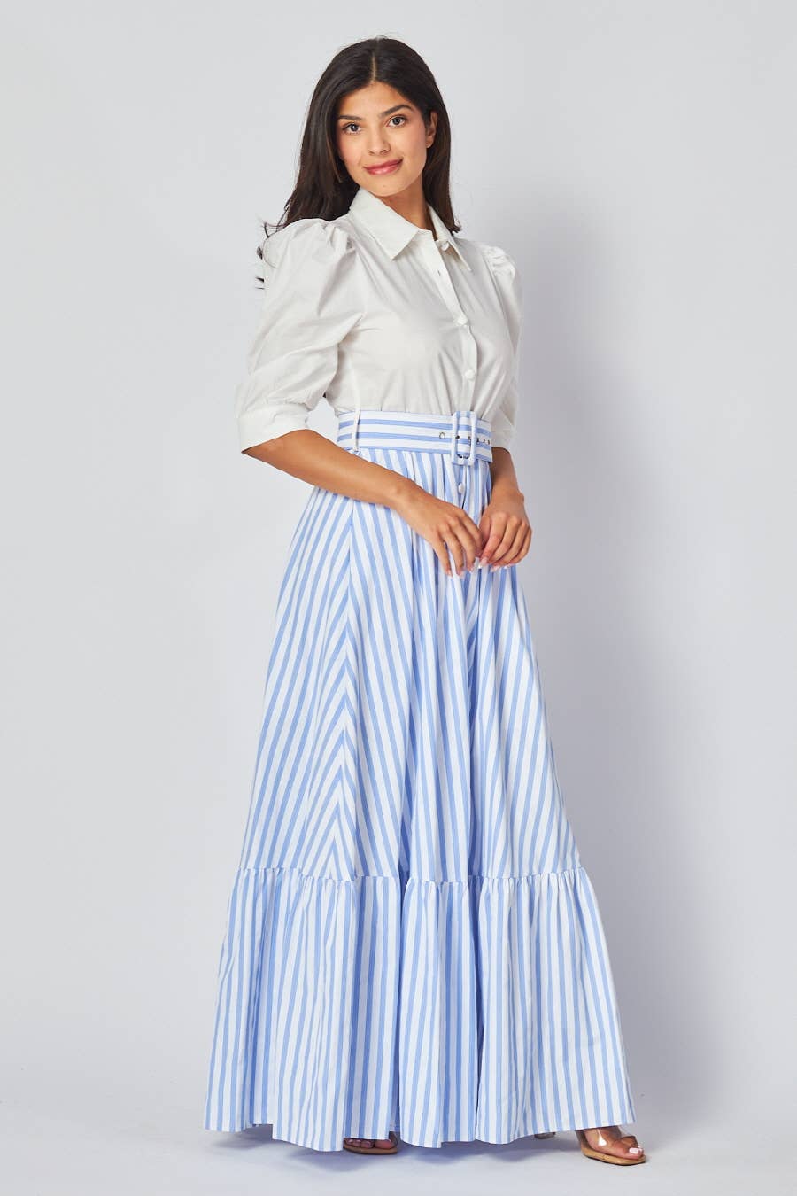 Blue & White Contrast Button-Down Maxi Dress