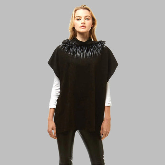 Black Suede Feel Turtle Neck Poncho with Faux Fur: One Size